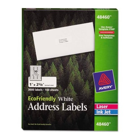 Avery Address Label, 1" Label W, 30 Labels per Sheet White 48460